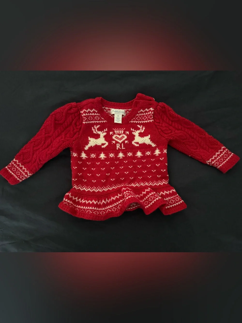 Ralph Lauren Red Reindeer Knit Peplum Sweater size 9mo
